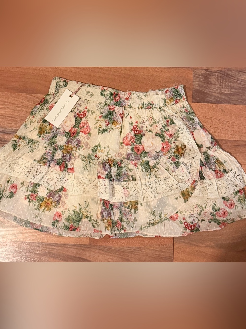 LoveShackFancy Agnessa Floral Tiered Lace Mini Skirt in Cream